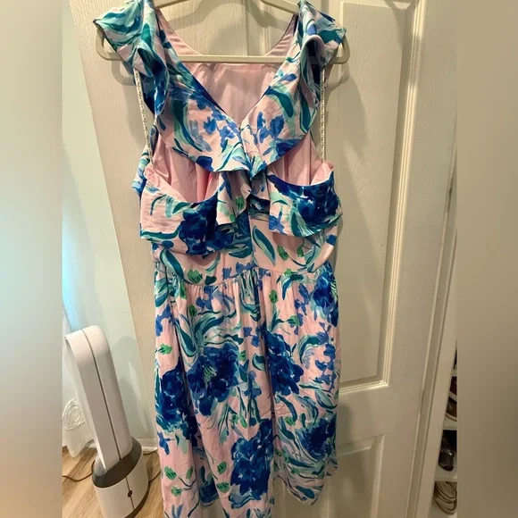 Lilly Pulitzer Pink Midi Dress with Blue Floral and Green Leaves - Picture 3 of 4